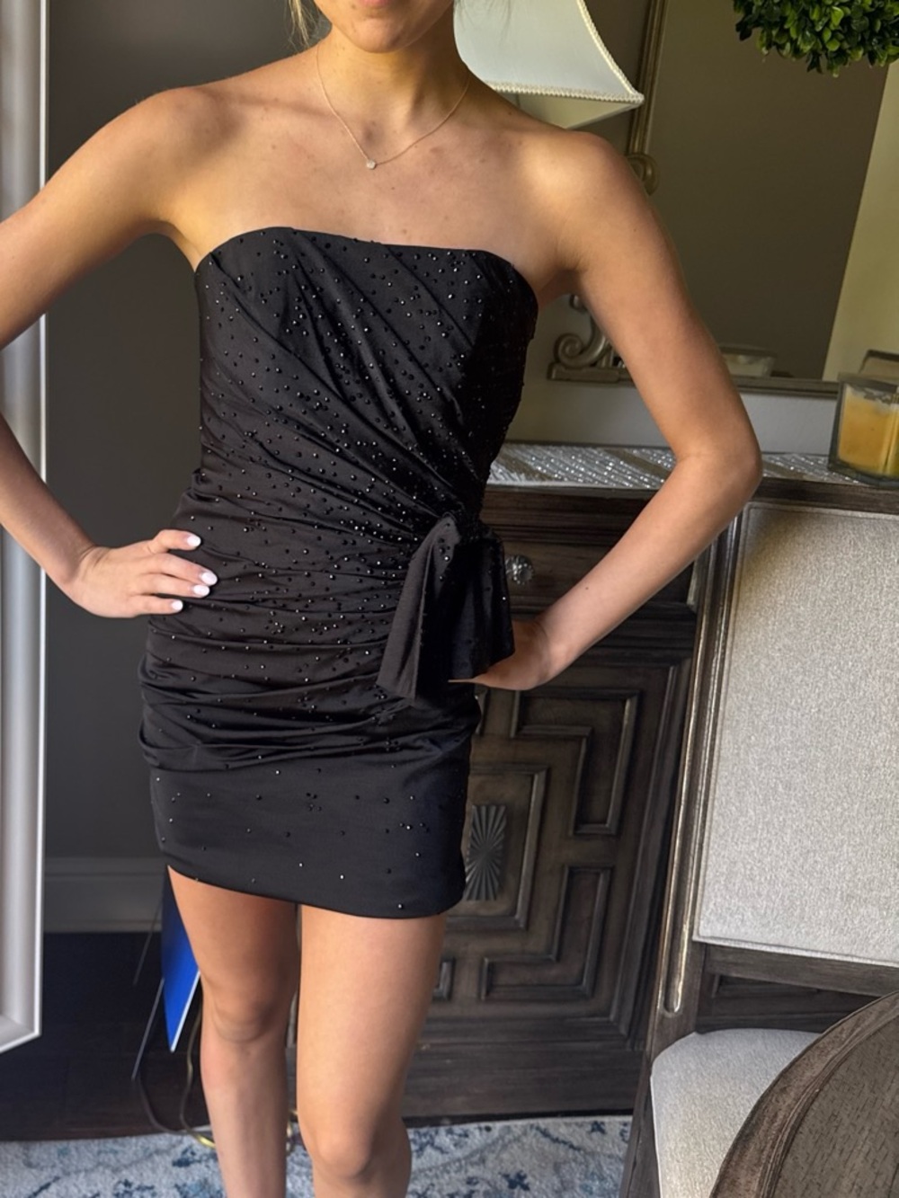 Black Strapless Ruched Mini Dress with Beaded Detail